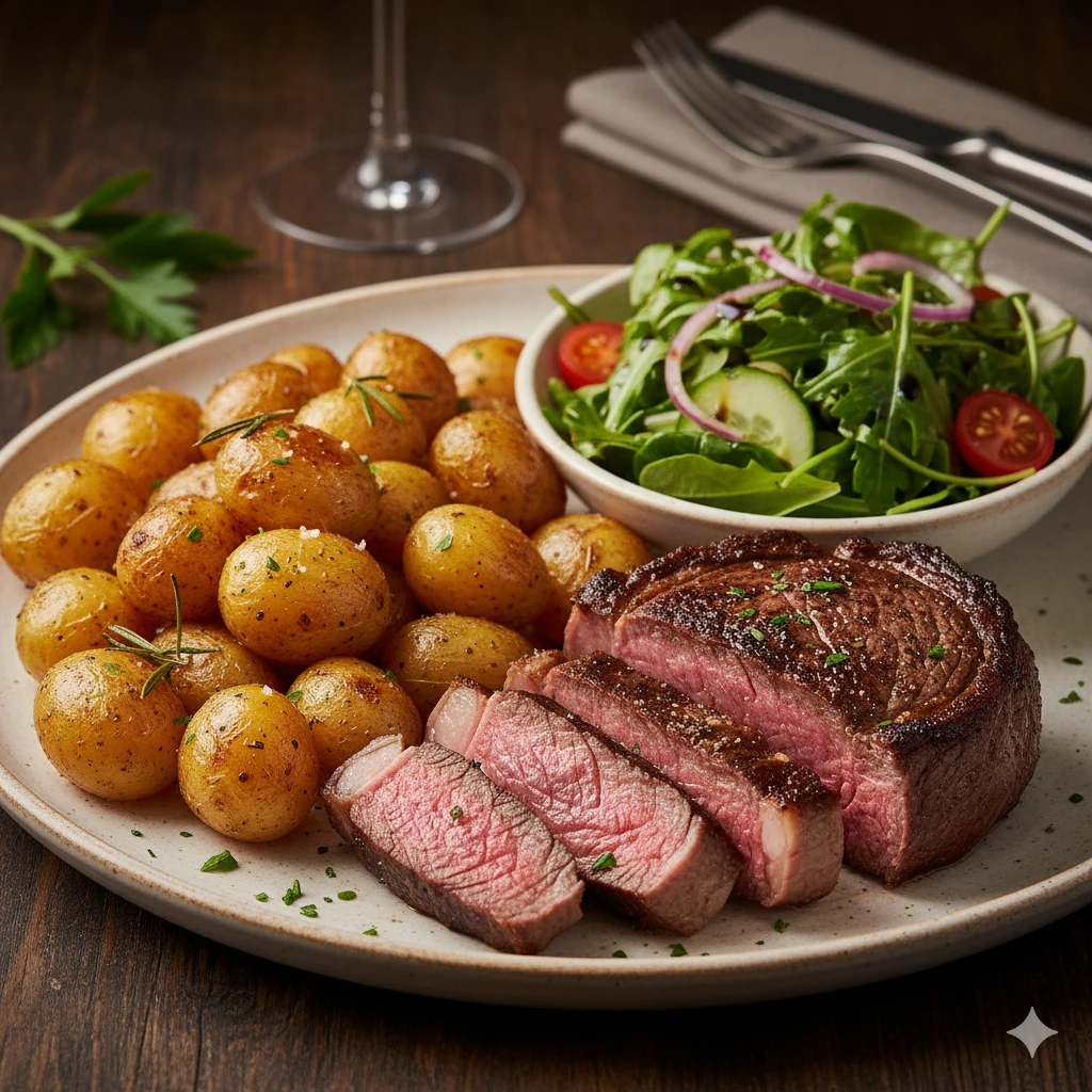 A perfectly cooked steak with side dishes.