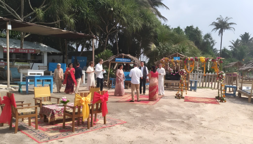 A formal daytime event on the beach featuring traditional floral decor, elegant seating, and guests in festive attire.