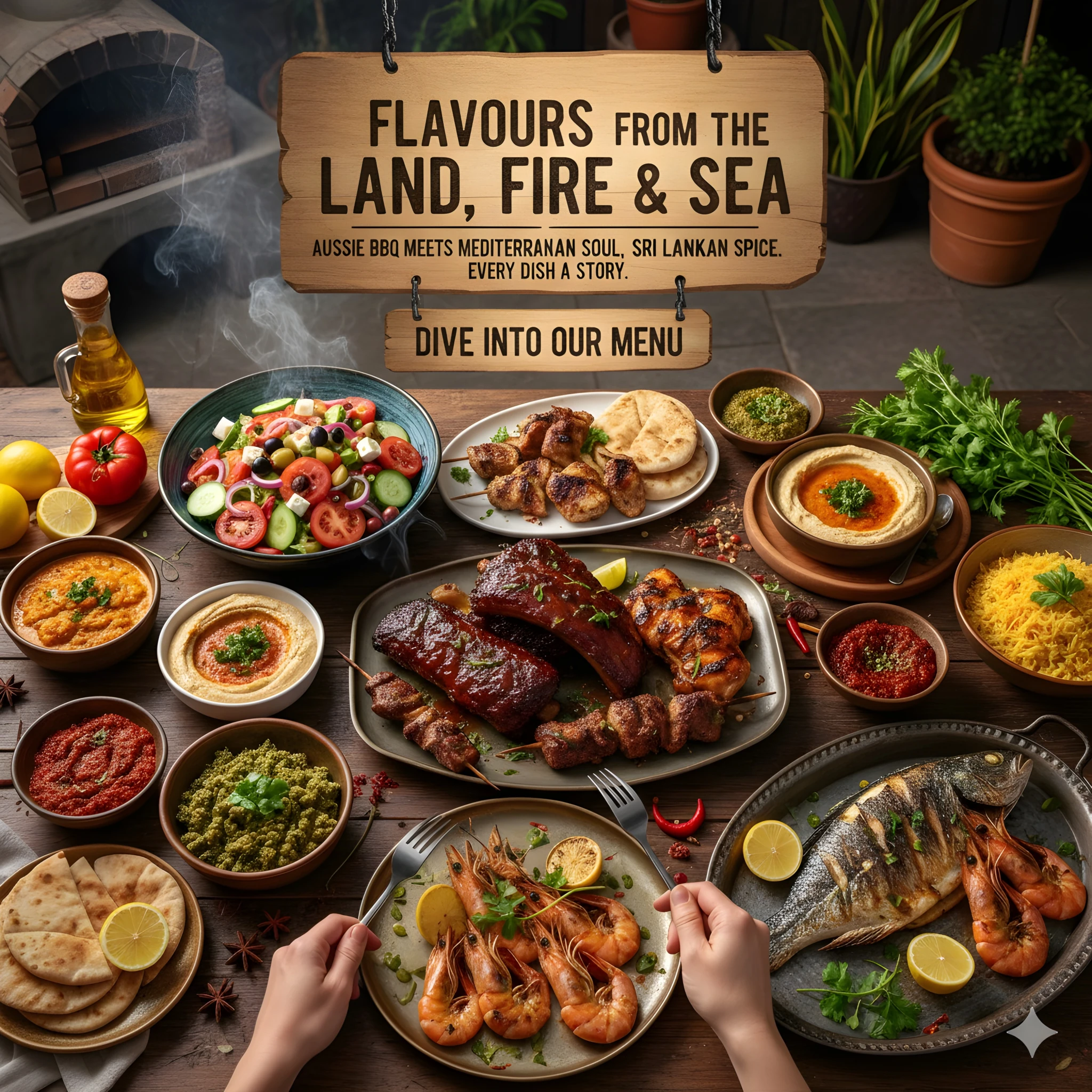 A perfectly cooked steak with side dishes.